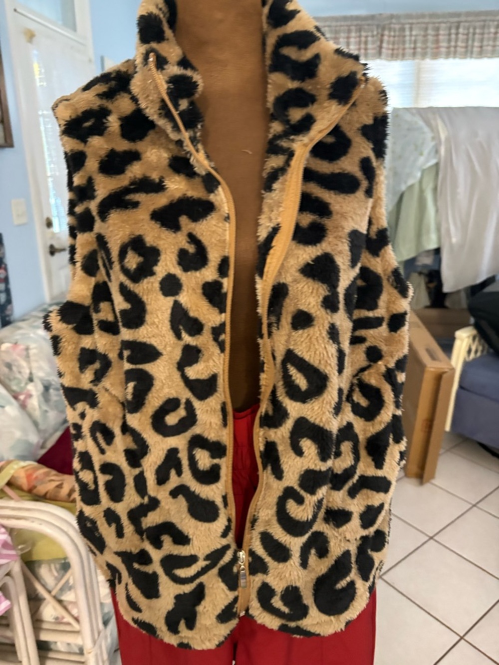 Leopard Print Faux Fur Zip-Up Jacket - Tan & Black